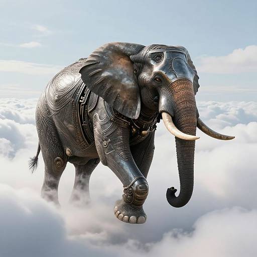 Photorealistic digital art of a metallic, armored elephant with large tusks walking through a bright, cloudy sky. The elephant's dark, textured armor