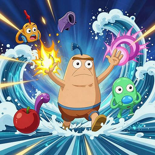 Cartoon illustration: chubby, shirtless man with raised arms, yellow fireball in left hand, pink energy ring in right, surrounded by colorful,