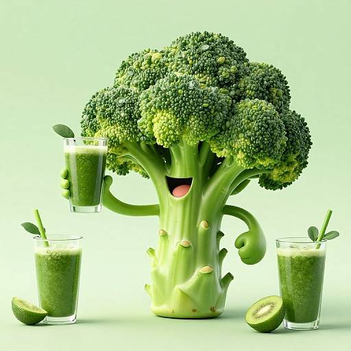 Photograph of an animated, smiling broccoli with green florets, holding three glasses of green smoothies, surrounded by sliced green zucchini.