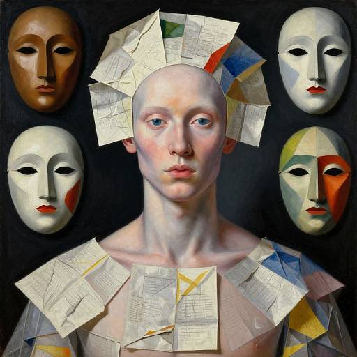 Digital art: Bald, pale-skinned person with paper collages on head and chest, surrounded by four painted masks with red lips.