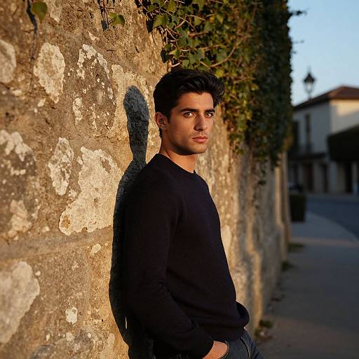 Photograph of a handsome young man with dark hair, wearing a black sweater, leaning against a sunlit, textured stone wall with vine, looking int