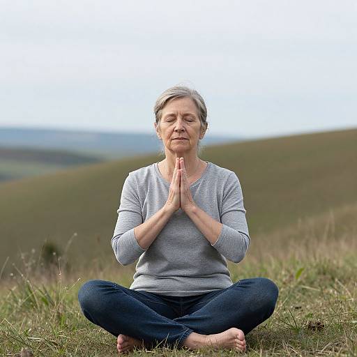 Photograph of an older woman with gray hair, wearing a gray long-sleeve shirt and blue jeans, meditating in a grassy field with