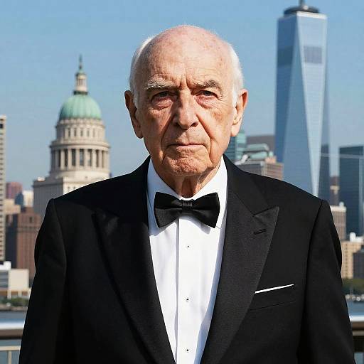 Elderly Man in Tuxedo with Cityscape Background