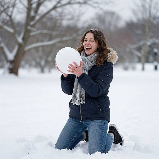 Photograph of a smiling woman with curly brown hair, wearing a black winter jacket, gray scarf, and blue jeans, kneeling in snow, holding a