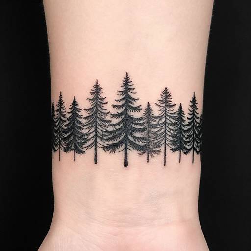Tattoo of a row of black, detailed pine trees on pale skin, centered horizontally, set against a solid black background.