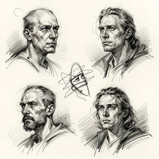 Pencil sketch of five different portraits of a serious, middle-aged man with varying hairstyles and expressions, signed with an abstract signature.