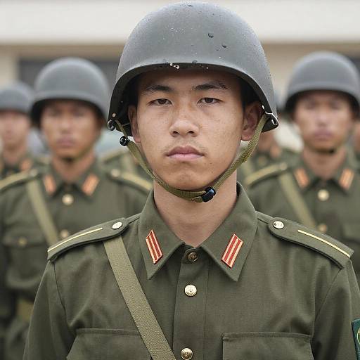 Portrait of Young Male Soldier in Olive Green Uniform