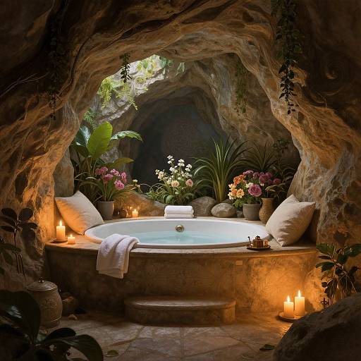 Photograph of a cozy, cave-like bathroom with a lit, circular hot tub surrounded by candles, potted plants, and soft cushions.