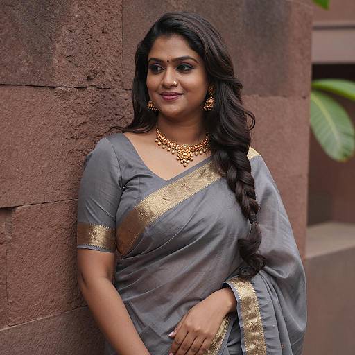 Indian Woman in Grey Saree with Gold Jewelry
