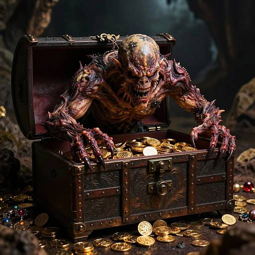Photorealistic CGI of a grotesque, muscular, demonic creature with sharp teeth and purple, scaly skin leaning over a treasure chest filled with glowing