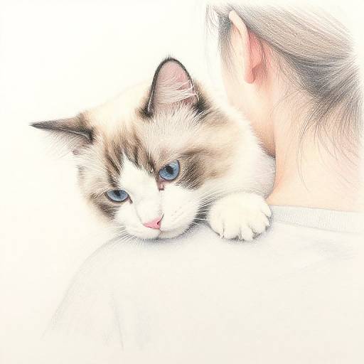 Photograph of a fluffy, brown and white long-haired cat with blue eyes, lying down with a relaxed expression against a white background.