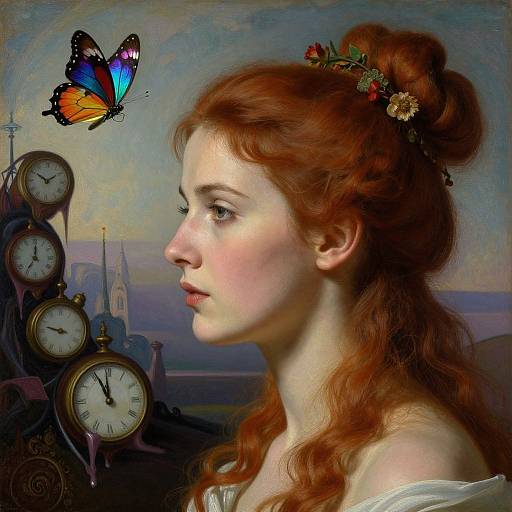 Digital painting of a fair-skinned, red-haired woman with flower crown, profile view, gazing at a vibrant butterfly, with clock faces and a