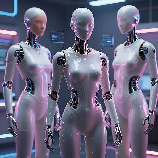 Photorealistic CGI of three sleek, glossy, white female humanoid robots with blue neon accents in a futuristic laboratory, standing in a row.
