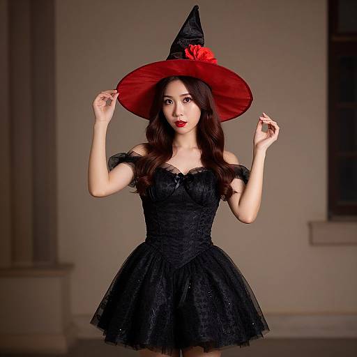 Photograph of an Asian woman with long black hair, wearing a black lace dress, red witch hat, and red lipstick, posing indoors.