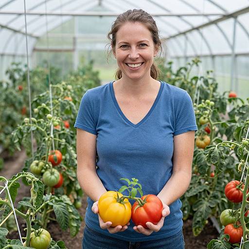 Smiling Woman Harvesting Tomatoes in Greenhouse