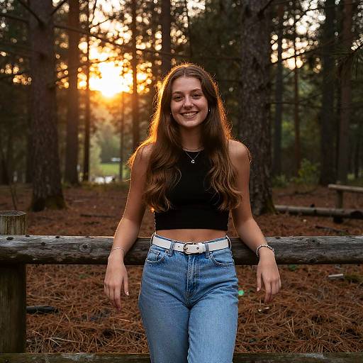 Photograph of a smiling young woman with long brown hair, wearing a black crop top, white belt, and blue jeans, leaning on a wooden fence