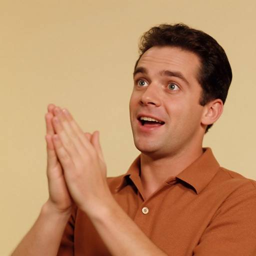 Photograph of a smiling, dark-haired man in a brown polo shirt, hands clasped together, eyes wide and open-mouthed in excitement, against