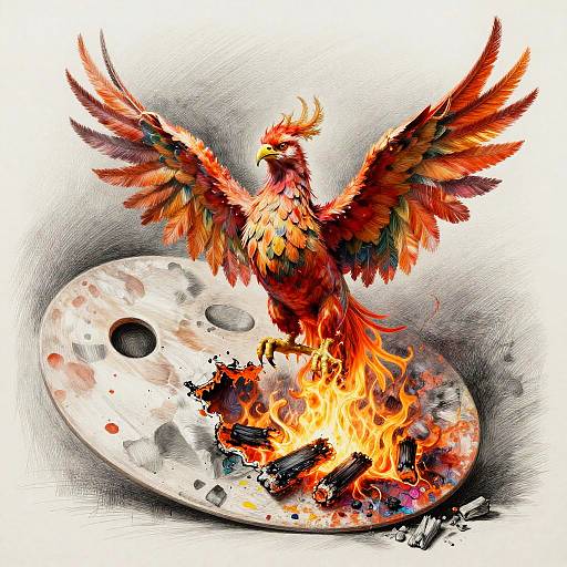 Digital illustration of a vibrant, fiery phoenix with outstretched wings, standing on a crater-like surface with flames and broken rocks.