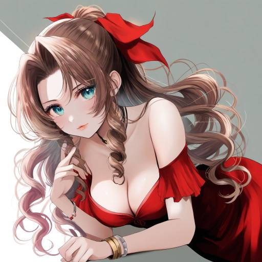 Illustration of Aerith gainsborough (red dress), final fantasy in the style of Kurona
