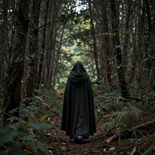 Photograph of a mysterious figure in a black hooded cloak walking down a forest path, surrounded by tall trees and dense underbrush, with dim,