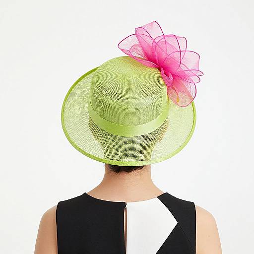 Photograph of a woman from behind, wearing a bright green, mesh sunhat with a large pink floral decoration, and a black and white sleeveless