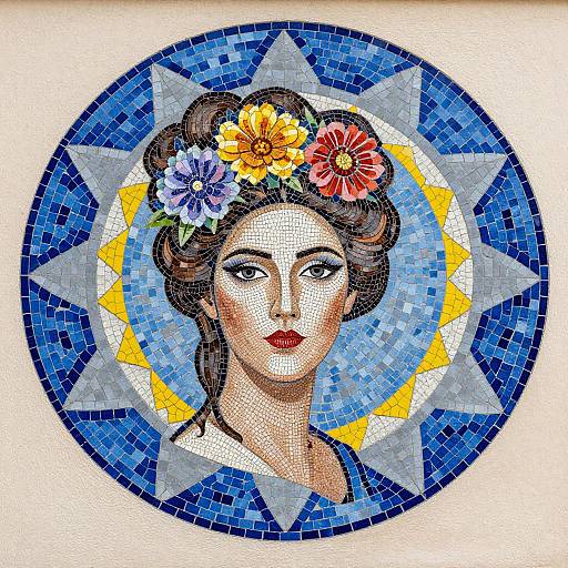 Mosaic portrait of a fair-skinned woman with red lips, blue eyes, and brown hair adorned with colorful flowers, set against a blue and yellow