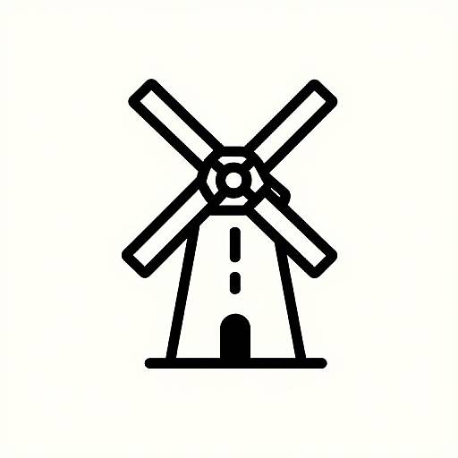Black and white line drawing of a simple windmill, featuring a central cylindrical tower with a small circular window, four triangular blades, and a rectangular base