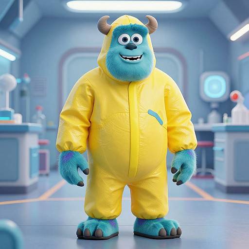 CGI image of a blue, cartoonish monster in a yellow hazmat suit with horns, standing in a futuristic laboratory.