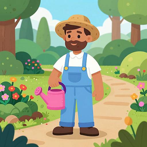 Cartoon-style illustration of a bearded man in blue overalls, white shirt, and straw hat, holding a pink watering can, standing on a