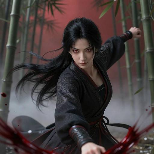 Fierce Female Warrior in Bamboo Forest
