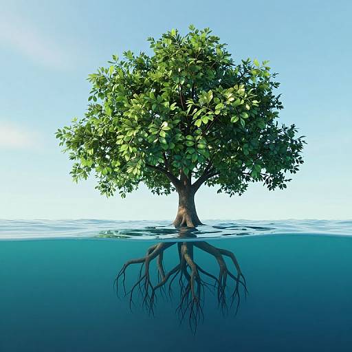 Photograph of a lush, green tree with visible roots submerged in clear blue water, reflecting its image above the surface.