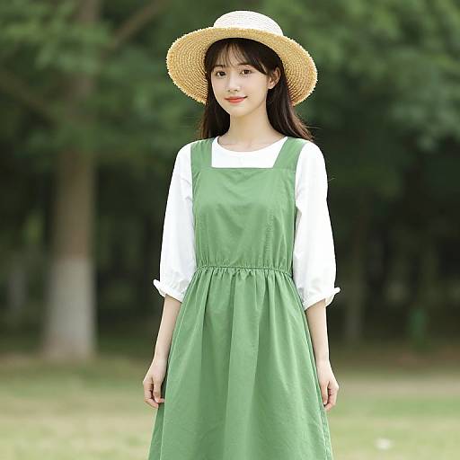 Woman in Green Dress with Straw Hat