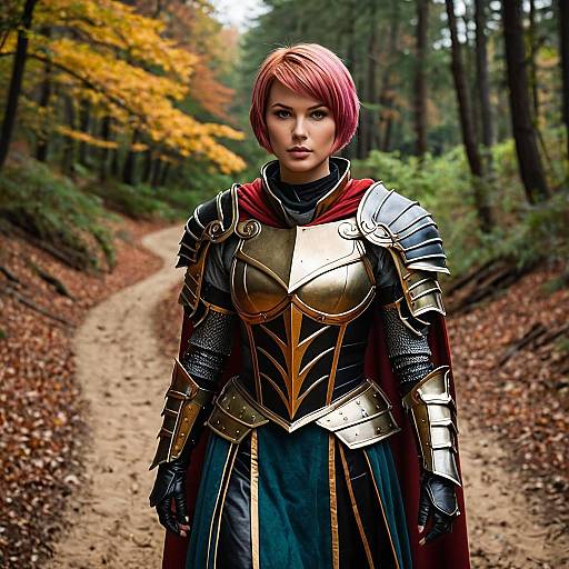 Female Warrior in Medieval Armor Standing in Autumn Forest