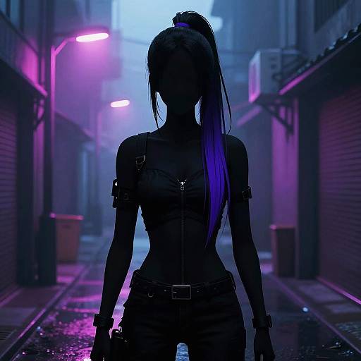 Silhouetted cyberpunk woman with long ponytail, leather outfit, standing in neon-lit, misty alley with purple and blue lights.