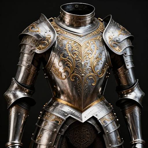 Photograph of ornate medieval silver armor with intricate gold filigree designs, set against a black background, highlighting the reflective metal and elaborate patterns.