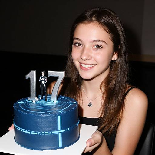 Photograph of a smiling young woman with long brown hair, wearing a black top, holding a blue cyber-themed birthday cake with number 17 and small