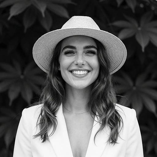Smiling Woman in Straw Hat and Blazer