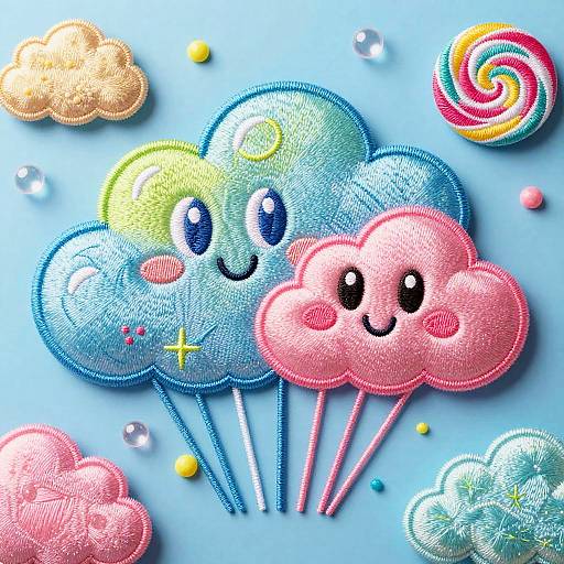 Colorful digital illustration of two happy, cartoon clouds with big eyes and smiles, set against a bright blue background with candy-like elements.