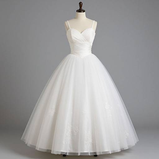 Photograph of a white, sleeveless, V-neck, full-skirted wedding dress displayed on a black dress form against a gray background.