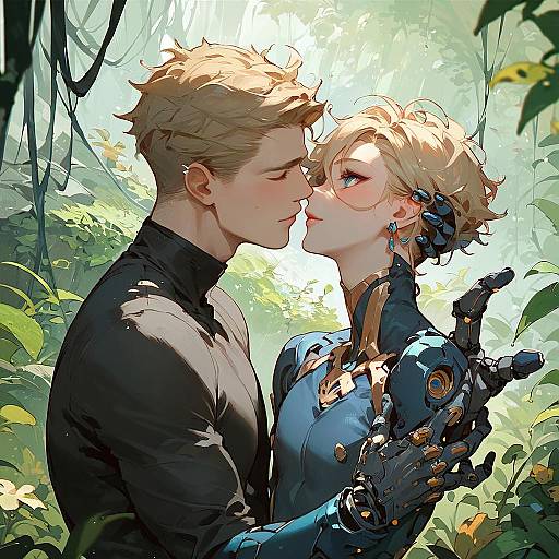 Romantic Moment Between Man and Cyborg Woman in Forest