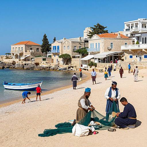 Fishermen Preparing Nets on Mediterranean Beach