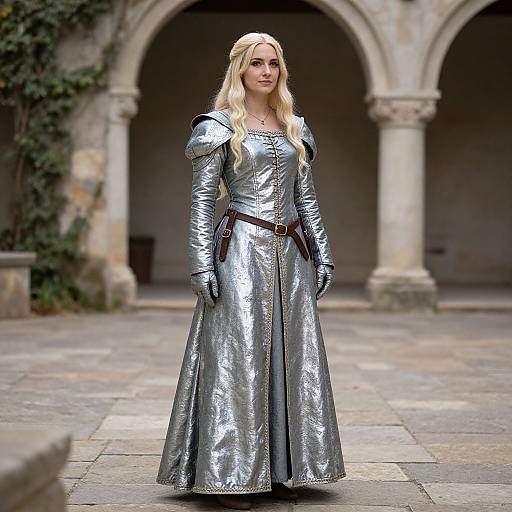 Photograph of a blonde woman in a silver, medieval-style, metallic gown with long sleeves, standing in a stone courtyard with arches, wearing black