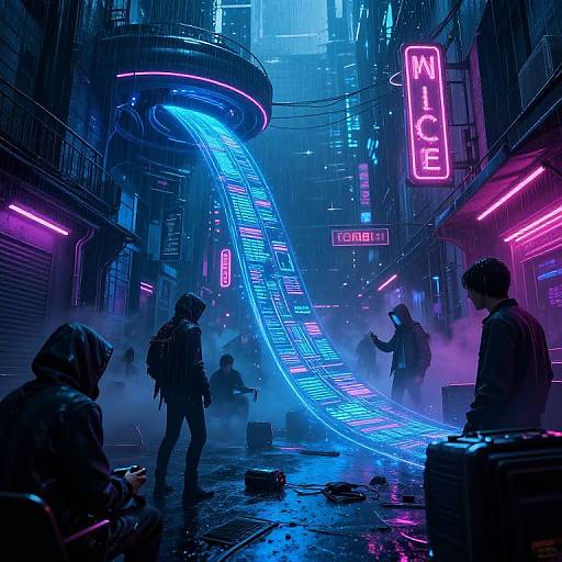 Neon-lit cyberpunk alley with glowing blue escalator, rain-soaked street, silhouetted figures, pink and purple neon signs,