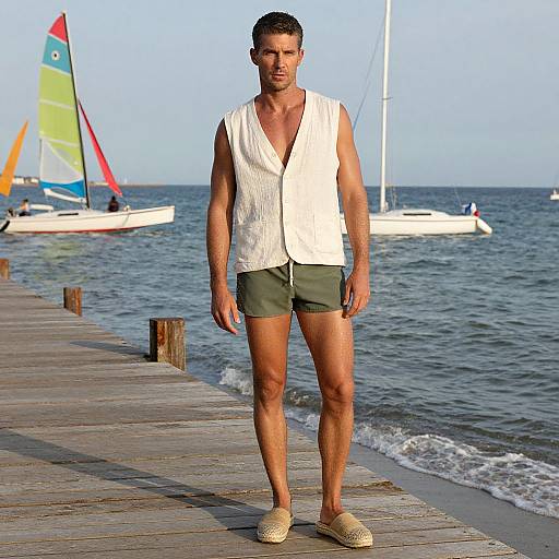 Photograph of a muscular, tanned man with short brown hair, wearing a white sleeveless shirt, green shorts, and sandals, standing on a