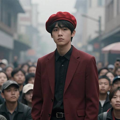 Red Beret in Smoky Urban Crowd