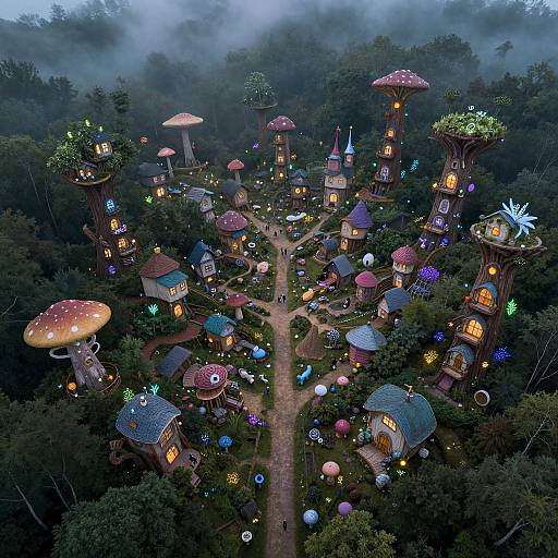 Aerial photograph of a whimsical, fairy-tale village with glowing, colorful houses on mushroom-like trees in a misty forest.