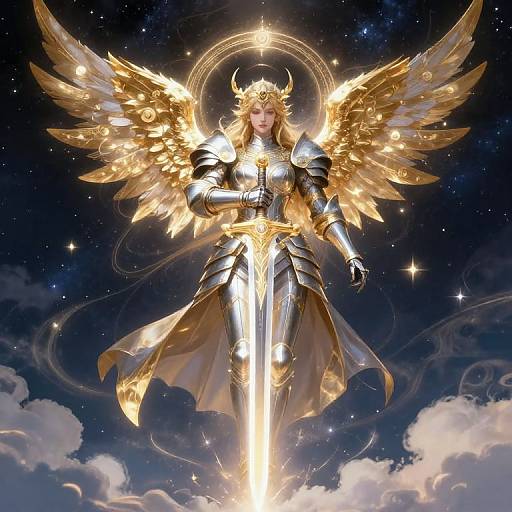 Digital art of a golden-winged, armored angel with a glowing sword, floating in a starry night sky above clouds.