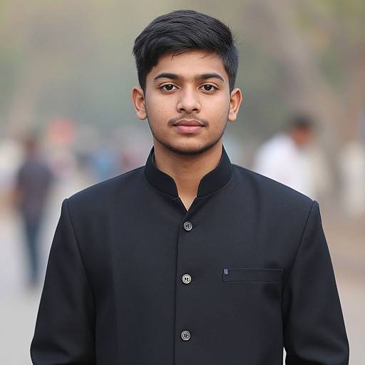 Photograph of a young South Asian man with short black hair, medium skin tone, wearing a black button-up shirt, standing in a blurred outdoor setting