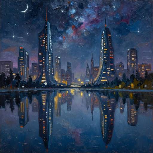 Digital painting of a nighttime cityscape with reflective water, featuring tall, illuminated skyscrapers under a starry, colorful galaxy-like sky.