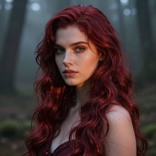 Photorealistic portrait of a young woman with long, wavy red hair, fair skin, and intense green eyes, standing in a misty forest